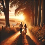 DALL·E 2025-03-20 17.53.42 - A young couple walking along a countryside path during sunset, seen from behind. The couple appears very small in the image, framed by towering trees